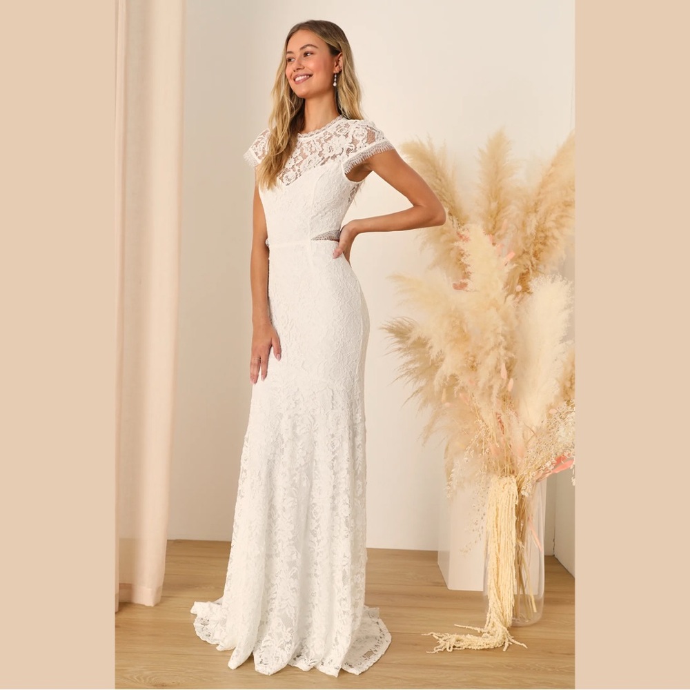 Lulu’s Devoted to Bliss White Lace Cap Sleeve Cutout Trumpet Maxi Dress - Picture 4 of 11